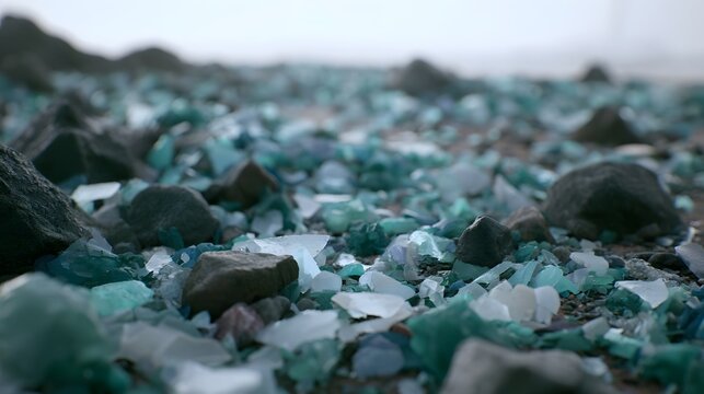 A close up view of scattered green and white glass fragments mixed with dark rocks on a textured ground surface