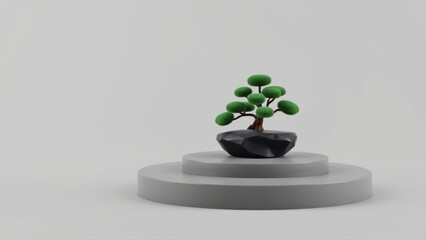 Obraz premium Minimalist bonsai tree presentation. Gray platform supports small green plant. Simple studio lighting creates clean aesthetic.