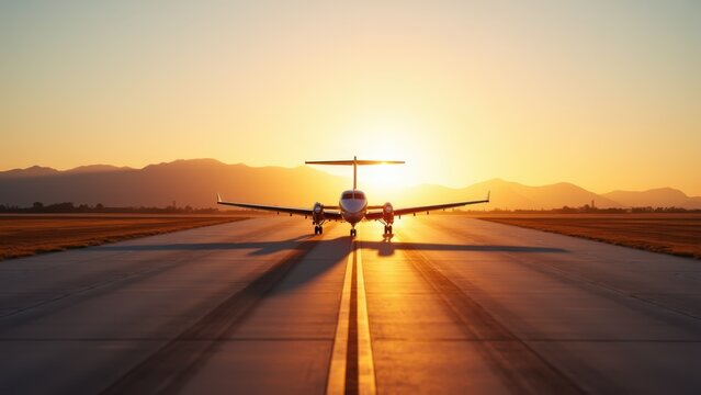 Wide regional airport tarmac at golden hour, small propeller plane taxiing alone, distant mountains framing horizon, warm low sun casting long shadows