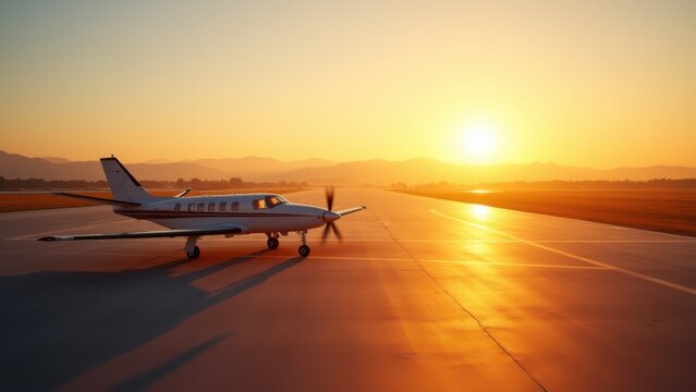 Wide regional airport tarmac at golden hour, small propeller plane taxiing alone, distant mountains framing horizon, warm low sun casting long shadows