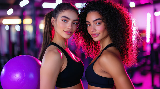 Athletic women pose confidently gym, showcasing strength and fitness with vibrant lighting. Their expressions reflect determination