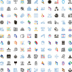 Fototapeta premium Set of colorful outline and isometric icons representing a wide range of topics including shopping, medicine, logistics, finance, health, technology, and industry on a white background