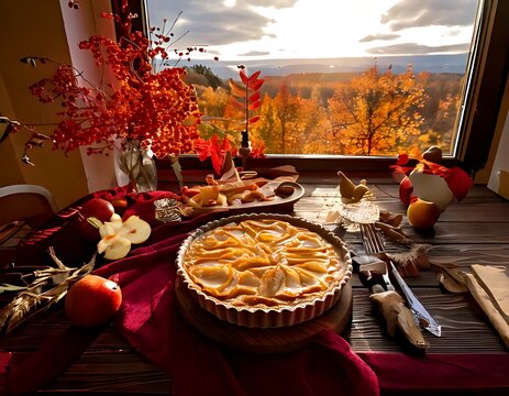 Freshly baked apple pie on a wooden table with autumn decor.