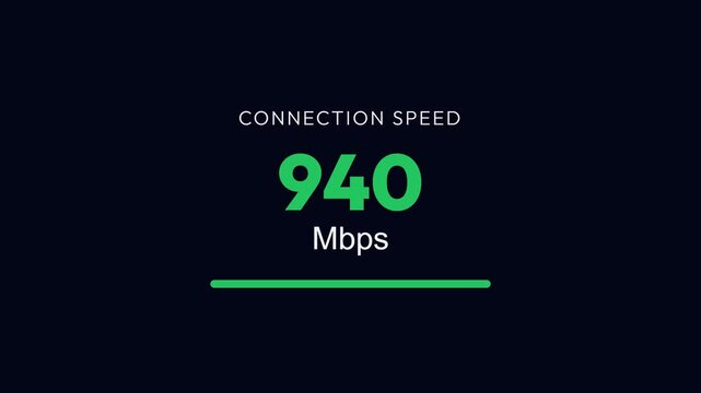 Digital connection speed display, showing 940 Mbps on a black background with a green progress bar, symbolizing fast internet connectivity and technology.