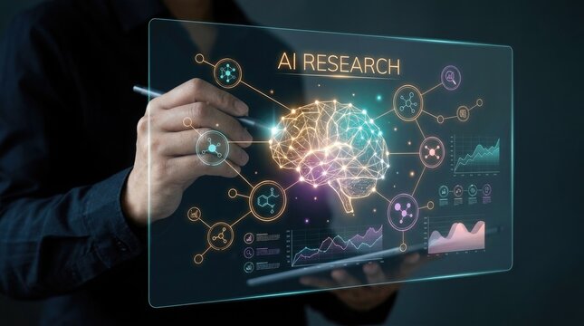Professional scientist interacting with a futuristic digital brain interface for advanced medical research and data analysis