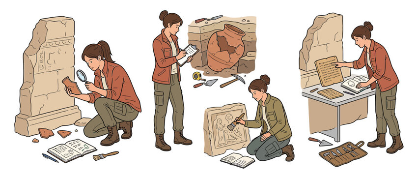 Archaeologist excavating ancient ruins and artifacts