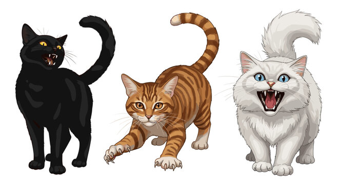 Three Adorable Cats Captured in an Artistic Illustration A Black Cat, a Tabby Cat, and a Fluffy White Cat with Blue Eyes