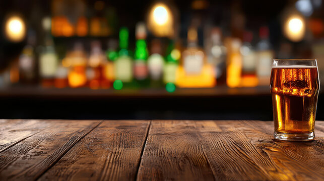 Glass of amber beer sits on rustic wooden table, with blurred bar background featuring various bottles. warm lighting creates cozy atmosphere