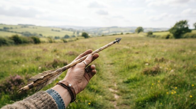 Person holding a primitive wooden arrow in a grassy field with rolling hills.
