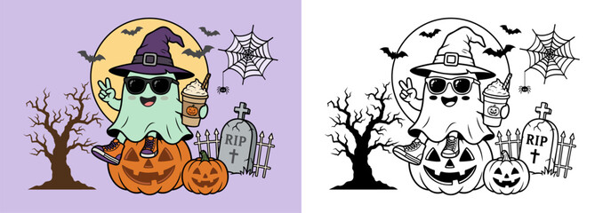 Fototapeta premium Adorable black and white vector ghost in witch hat and sunglasses sitting on pumpkin holding iced coffee under full moon with graveyard tombstone. Perfect for Halloween coloring book or t-shirt.