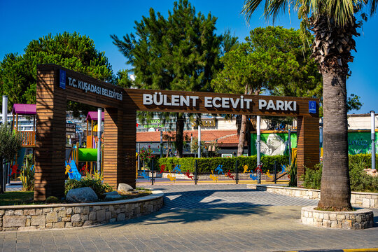 View of Bulent Ecevit Park entrance in Kusadasi. Kusadasi, Turkiye - August 21, 2026.
