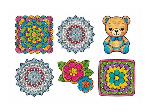 Crochet granny squares lace doily flower coaster and amigurumi set, isolated on white background