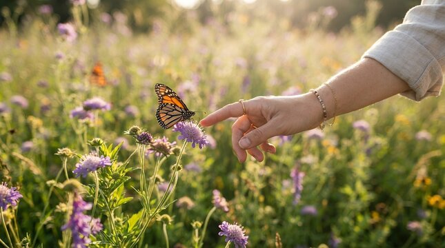 Persons Hand Reaching Towards a Butterfly in a Field of Flowers.