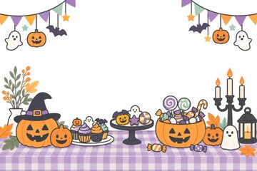 Fototapeta premium かぼちゃとお菓子を並べたハロウィーンのテーブルフレーム