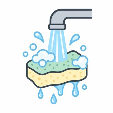 流水とスポンジで食器を洗うイラスト