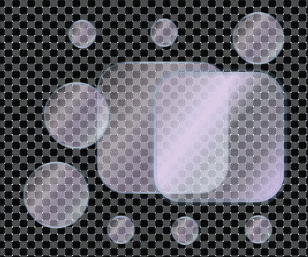 Translucent glass circles and rounded rectangles with soft light reflections, layered shapes on a transparent checkerboard background
