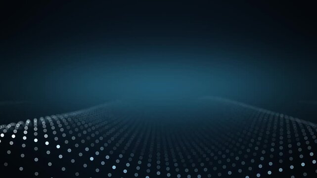 Dark blue digital background with a travelling wave of glowing cyan dots on a receding lattice, white crests and bokeh, seamless 4K loop