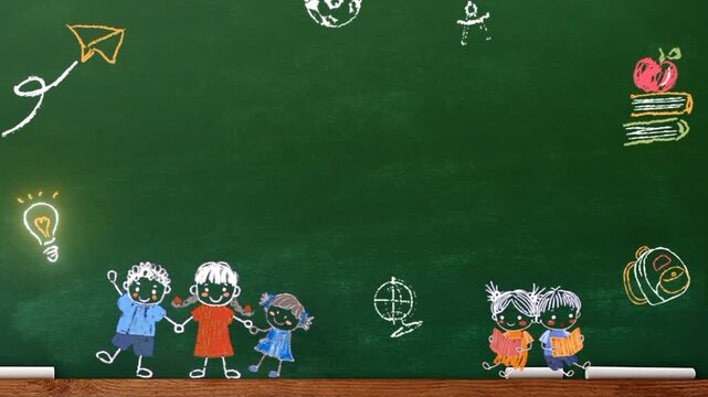 Animated school children drawings on a green chalkboard background