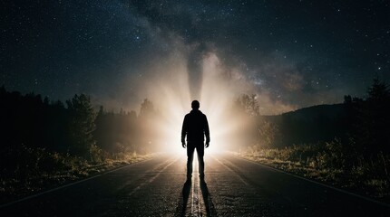 Fototapeta premium Silhouette of a Man Standing on a Lonely Road Under a Starry Night Sky with Milky Way and Bright Light Glow