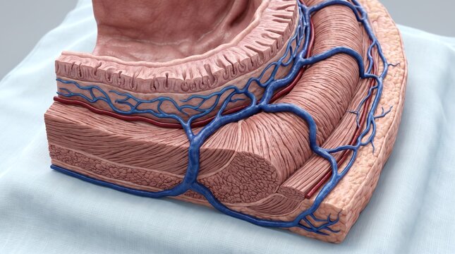 3D model of gastrointestinal wall tissue cross-section showing muscle layers and venous network