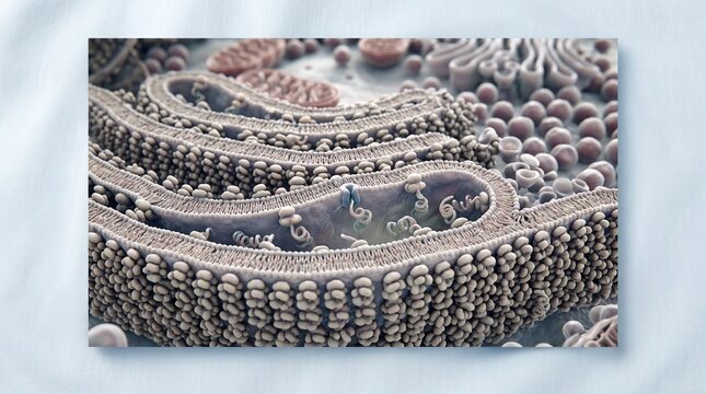 3D rendering of the ultrastructure of rough endoplasmic reticulum with attached ribosomes