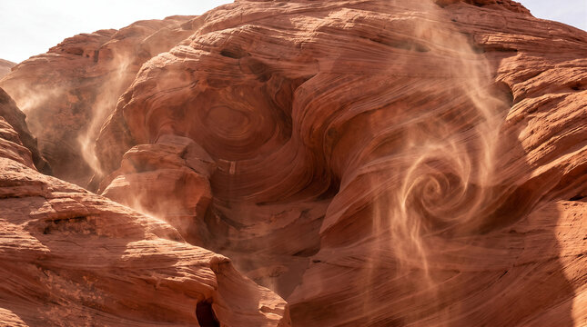 Dust swirling against a rugged red sandstone rock formation in a desert landscape
