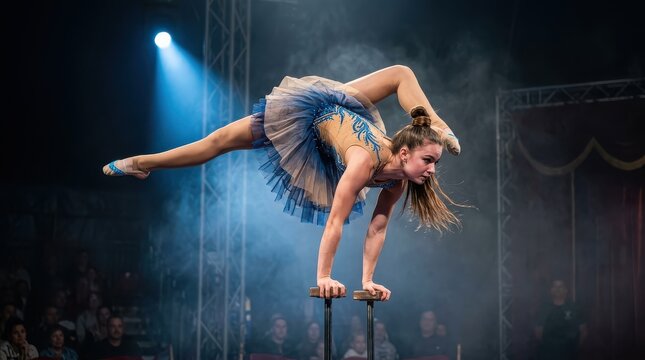 Professional Female Acrobat Performing a Difficult Hand Balancing Contortion Act in a Circus Arena with Dramatic Lighting