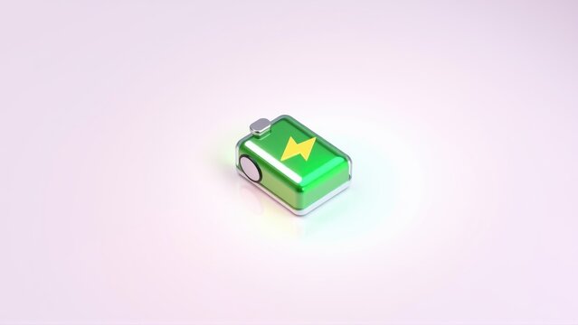 Green battery icon displays full charge. Bright yellow lightning bolt indicates power level. Minimalist design, soft lighting, simple background.