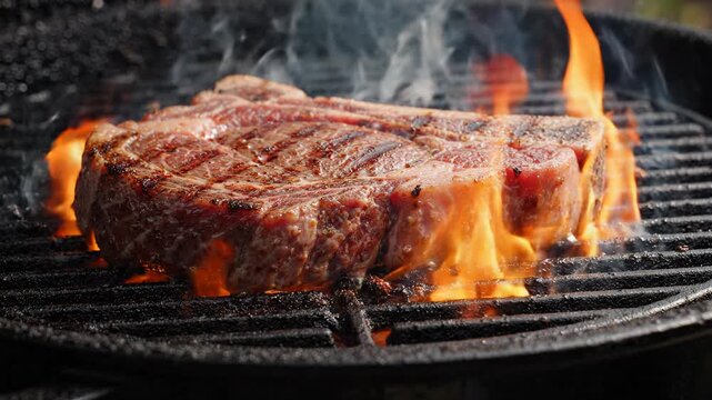 Grilling prime beef steak outdoors, sizzling juicy meat on fire, appetizing food cooking with flame and smoky aroma, delicious anticipation for barbecue feast