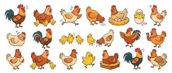 Obraz premium Cute Cartoon Chickens and Roosters Collection Isolated