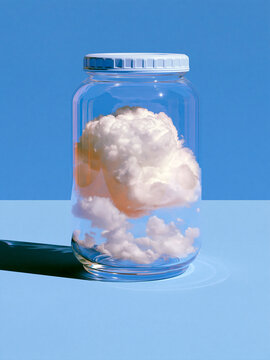 Surreal glass jar hold cloud against blue background