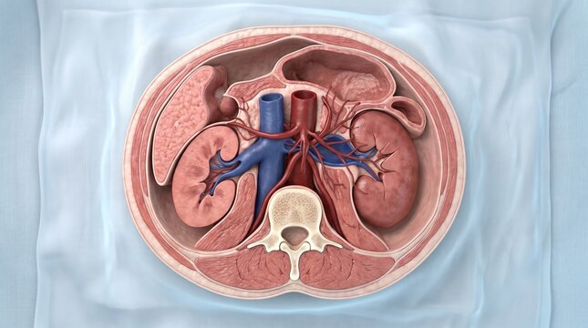 Cross Sectional Anatomy of Human Abdominal Cavity Showing Kidneys Aorta and Lumbar Vertebra
