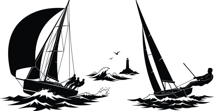 Sailing yacht regatta sport black silhouette vector art illustration set featuring sailboats crew sea waves and lighthouse