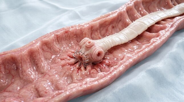 3D medical illustration of a tapeworm parasite attached to the human intestinal wall