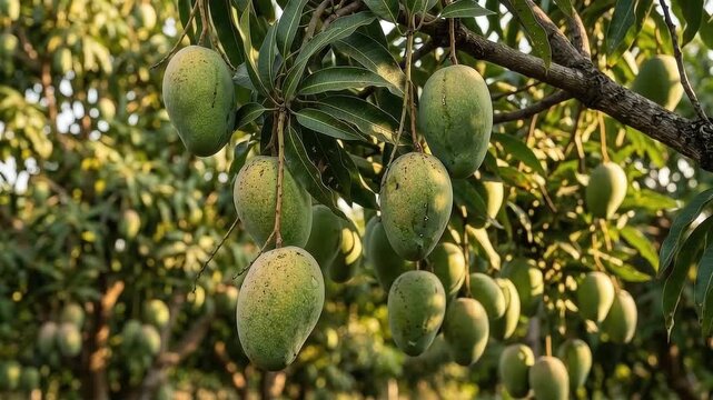 Fresh green mango fruits hanging on a lush tropical tree branch in natural sunlight