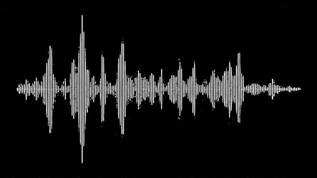 Soundwave visualization evolving in motion against a dark background showing audio amplitude over time for broadcast and media