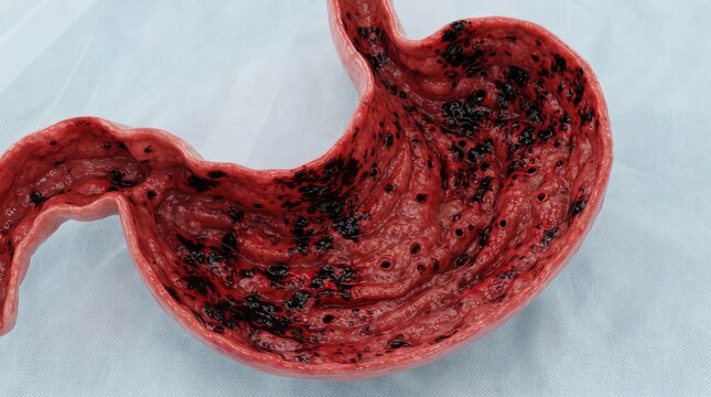 Medical illustration of internal stomach structure showing severe gastric bleeding and ulcers