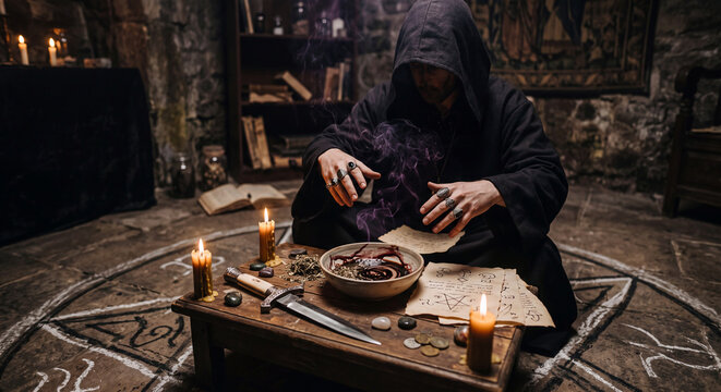 Image depicting an occult black magic ritual in a dark room