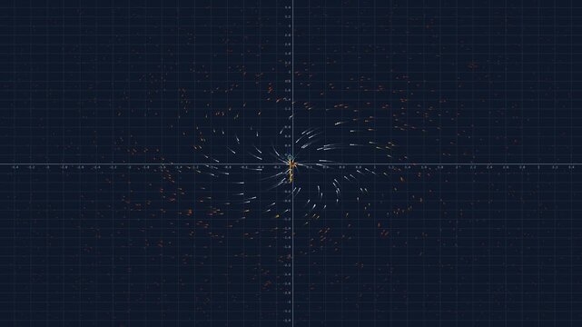 Glowing Vector Field Vortex Spiraling on Coordinate Grid, Abstract Mathematical Data Flow and Astrophysics Simulation Background in 4K
