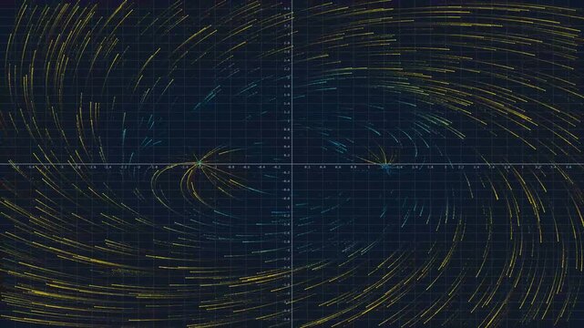 Mathematical Vector Field Visualization with Directional Flow Arrows on Coordinate Grid, Physics Simulation and Artificial Intelligence Big Data Background