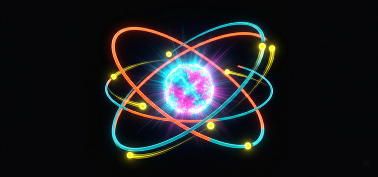 Glowing neon atom model with orbiting electrons on a dark black background