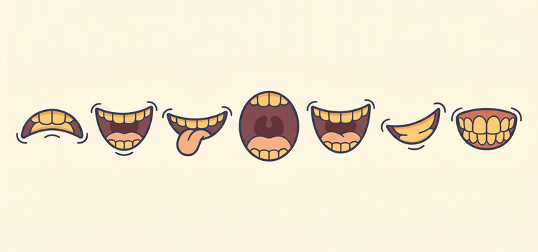 Set of cartoon mouth expressions showing various emotions and vocal sounds on white background