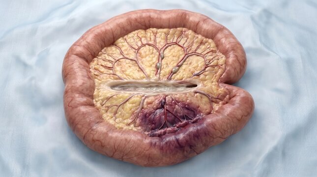 3D medical illustration of an intestinal loop showing mesenteric vascular network and ischemic necrosis