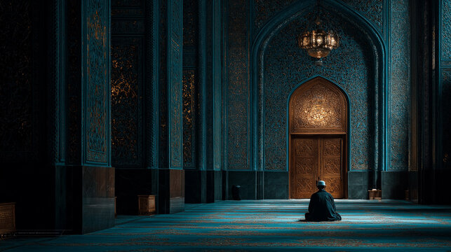 A lone man sitting inside a mosque in silence during a moment of personal prayer and contemplation