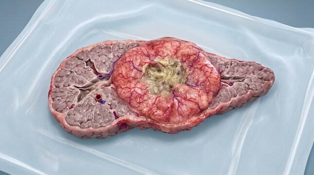 3D model of an organ tissue cross-section featuring a central malignant tumor on a sterile tray