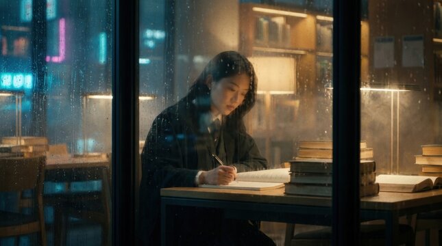 Writer create manuscript by rainy window at night