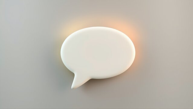 White speech bubble floats against dark background. Soft lighting creates subtle shadow, highlighting rounded form. Minimalist design.