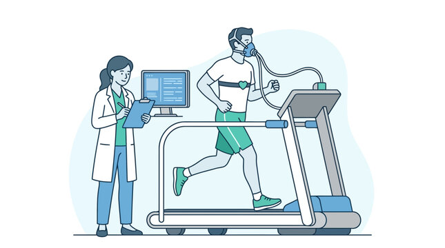 Athlete performing stress test on treadmill with medical professional monitoring