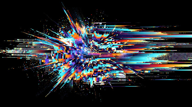 Colorful digital glitch explosion with RGB shift light streaks on black background