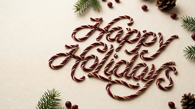 Happy Holidays text greeting made of twisted red and white candy cane style cord on textured cream background